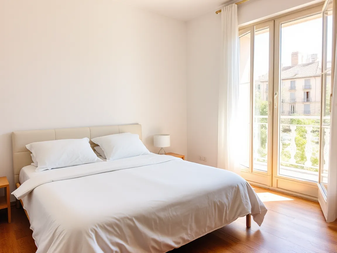Dormitorio con luz de mañana y la cama hecha.