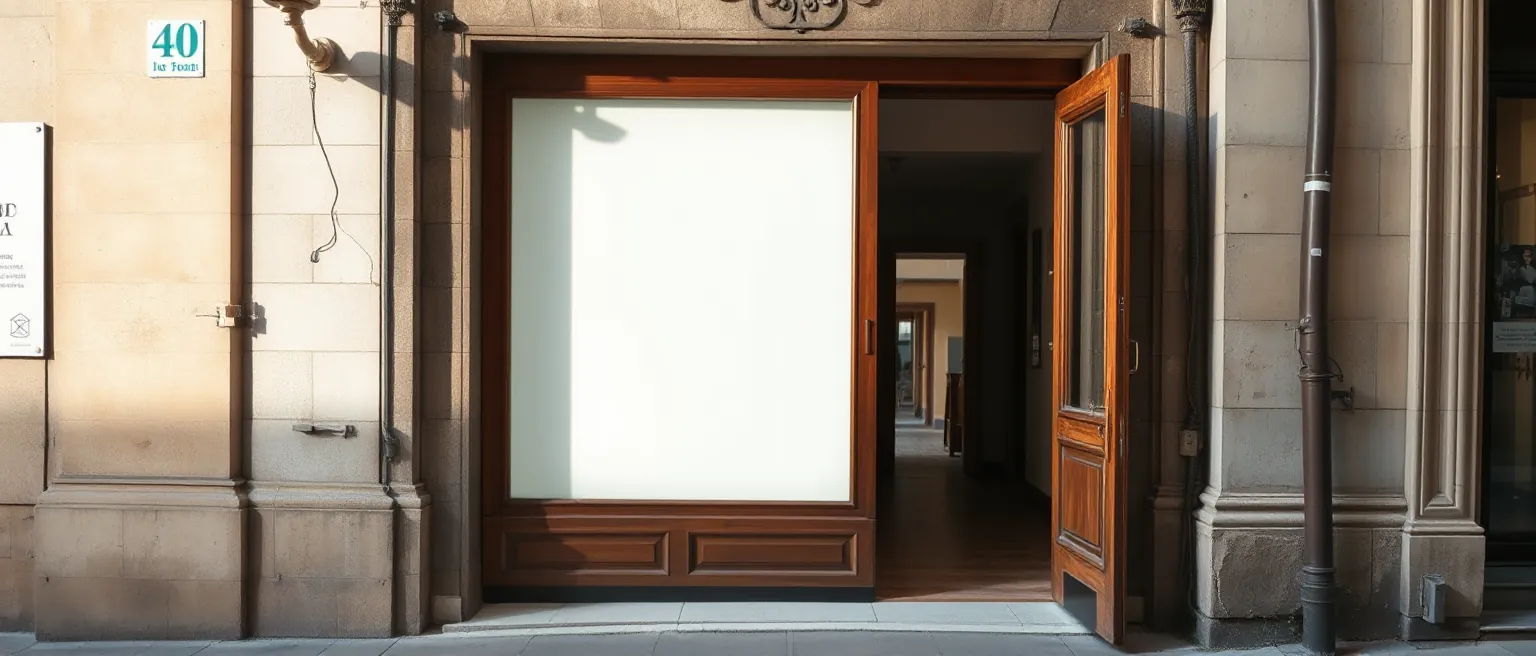 El escaparate de la oficina desde la acera de enfrente, con la puerta abierta.