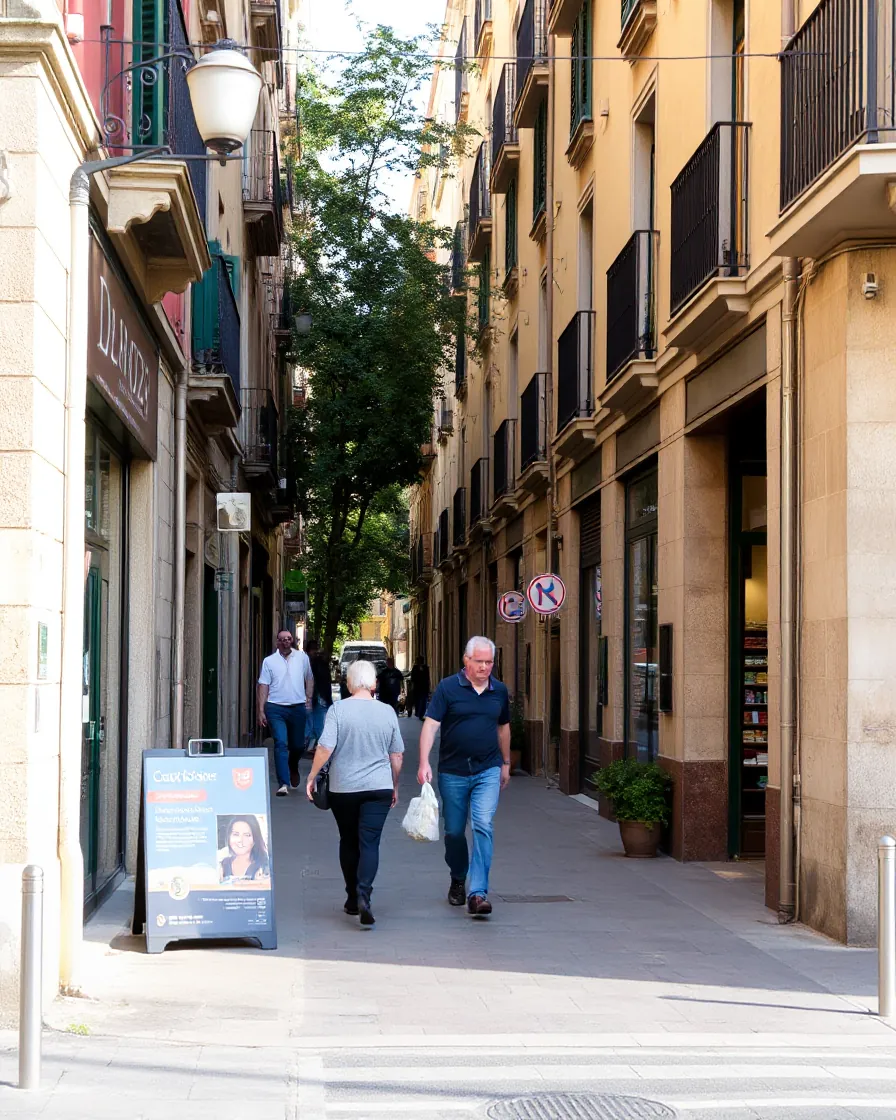Una calle peatonal con comercios de barrio y gente paseando.